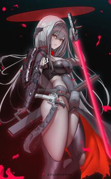 1girl absurdres armor artist_name black_bodysuit bodysuit bracer breasts ekuskarma from_side goddess_of_victory:_nikke grey_bodysuit grey_hair hair_ornament halo highres holding holding_sword holding_weapon japanese_armor long_hair looking_at_viewer medium_breasts official_alternate_costume parted_lips red_eyes scarlet_(black_shadow)_(nikke) scarlet_(nikke) shoulder_armor sode solo sword weapon weapon_on_back