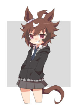 1girl ahoge animal_ears beer_hsk black_jacket blue_necktie brown_hair collared_shirt commentary_request cropped_legs grey_background grey_skirt grin hair_between_eyes hands_in_pockets hood hood_down hooded_jacket horse_ears horse_girl horse_tail jacket multicolored_hair necktie pleated_skirt red_eyes shinko_windy_(umamusume) shirt skirt smile solo standing tail two-tone_background two-tone_hair umamusume v-shaped_eyebrows white_background white_hair white_shirt