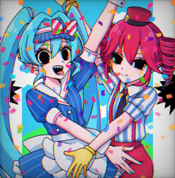 Rule 34 | 2girls, apron, black eyes, black necktie, blue dress, blue hair, blue nails, bow, buttons, closed mouth, collared shirt, commentary, confetti, diagonal-striped bow, double-breasted, dress, drill hair, flat chest, floral ice, frilled apron, frills, gloves, hair between eyes, hair intakes, hat, hatsune miku, kasane teto, long hair, mesmerizer (vocaloid), multiple girls, necktie, open mouth, pants, pink hair, pink pants, puffy short sleeves, puffy sleeves, red hat, sharp teeth, shirt, short sleeves, smile, striped clothes, striped dress, striped shirt, suspenders, teeth, tongue, tongue out, twin drills, twintails, v-shaped eyebrows, vertical-striped clothes, vertical-striped dress, vertical-striped shirt, visor cap, vocaloid, waist apron, waitress, white apron, white shirt, wrist cuffs, yellow gloves