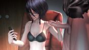 1boy 1girl 20s 3d animated artist_name bandai black_bra black_hair black_theme bleach bottomless bra breasts cafe-anteiku cellphone chair cleavage erection glasses hair_between_eyes handjob hetero highres holding holding_phone indoors jump_force kuchiki_rukia logo looking_at_phone looping_animation multitasking namco petite phone purple_eyes rubbing shinigami sitting small_breasts smartphone smol_society solo_focus source_filmmaker_(medium) standing testicles uncensored underwear video
