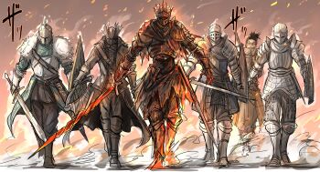 absurdres armor ashen_one_(dark_souls) bearer_of_the_curse bloodborne burning chosen_undead commentary dark_souls_(series) dark_souls_i dark_souls_ii dark_souls_iii demon's_souls full_armor full_body fur_collar hat helmet highres hunter_(bloodborne) kankan33333 knight long_coat saw saw_cleaver sekiro sekiro:_shadows_die_twice shield slayer_of_demons soul_of_cinder sword unkindled_(dark_souls_3) walking weapon