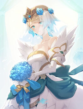 1girl absurdres bare_shoulders blonde_hair blue_bow blue_eyes blue_hair bouquet bow breasts bride clear_glass_(mildmild1311) cleavage collarbone commentary_request detached_sleeves dress earrings fire_emblem fire_emblem_heroes fjorm_(bridal)_(fire_emblem) fjorm_(fire_emblem) flower gold_bow gradient_hair highres holding holding_bouquet jewelry looking_at_viewer medium_breasts multicolored_hair nintendo official_alternate_costume short_hair smile solo strapless strapless_dress wedding_dress