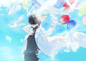 1boy absurdres arms_up balloon bird black_hair black_shirt blue_sky cloud cloudy_sky coat cowboy_shot dappled_sunlight day faceless head_tilt highres kim_dokja male_focus motion_blur omniscient_reader&#039;s_viewpoint open_clothes open_coat outdoors roellm shaded_face shirt shirt_tucked_in short_hair sky string_around_wrist sunlight too_many too_many_birds white_coat wind wind_lift