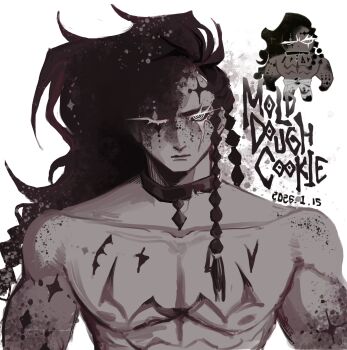 1boy @_@ black_choker black_eyes black_hair body_markings character_name choker commentary cookie_run cookie_run:_kingdom english_commentary freckles highres long_hair millie_0204 mold_dough_cookie no_shirt one_eye_closed scar scene_reference solo white_background