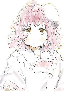 1girl :o ahoge blunt_ends blush commentary_request hat highres kishimen_hair looking_at_viewer love_live! love_live!_nijigasaki_high_school_idol_club love_live!_nijigasaki_high_school_idol_club_the_movie_-_finale medium_hair mini_hat pink_hair senda_nara simple_background solo tennoji_rina upper_body white_background white_hat yellow_eyes