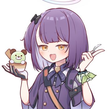 1girl :d absurdres arknights barurun_pen black_gloves blush bow brown_eyes copyright_request cup disposable_cup fang food gloves grey_hair halo highres holding holding_spoon ice_cream idida_(arknights) jacket looking_at_viewer multicolored_hair one_side_up open_mouth purple_bow purple_hair purple_jacket shirt short_sleeves simple_background single_glove smile solo spoon two-tone_hair upper_body white_background white_shirt