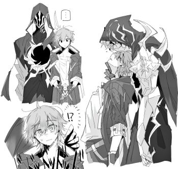 !? ... 2boys ahoge armor belt bodysuit broken_skin caelus_(honkai:_star_rail) cape closed_mouth coat commentary_request cowboy_shot fingerless_gloves flame_reaver_of_the_deepest_dark from_side gauntlets gloves greyscale hair_between_eyes hand_on_another's_neck hand_up hki_8b honkai:_star_rail honkai_(series) hood hooded_cape hooded_coat lapels long_sleeves looking_at_another looking_at_viewer looking_up male_focus mask monochrome multiple_boys multiple_views open_clothes open_coat open_mouth pants phainon_(honkai:_star_rail) shirt short_hair shoulder_armor simple_background speech_bubble spoken_ellipsis standing sweat t-shirt tassel teeth trailblazer_(honkai:_star_rail) two-sided_coat two-sided_fabric upper_body