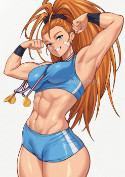 1girl abs absurdres artist_name bandaid bandaid_on_cheek bandaid_on_face black_scrunchie blue_eyes blue_shorts blue_sports_bra breasts captain_mizuki commentary earrings english_commentary flexing grin hair_ornament hair_scrunchie highres jewelry long_hair looking_at_viewer mandytsune medal medium_breasts one-punch_man orange_hair photo-referenced scrunchie short_shorts shorts simple_background smile solo sports_bra thick_thighs thighs twitter_username very_long_hair watermark