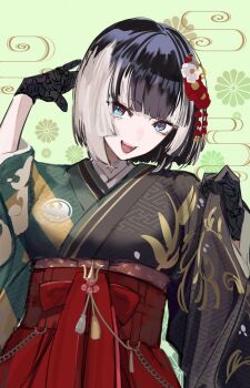 1girl black_gloves black_hair blue_eyes blunt_bangs bob_cut breasts commentary egasumi flower furisode gloves green_background hair_flower hair_ornament highres hololive hololive_dev_is japanese_clothes juufuutei_raden juufuutei_raden_(new_year) kikumon kimono lace lace_gloves looking_at_viewer medium_breasts multicolored_hair multicolored_kimono murechika obi official_alternate_costume official_alternate_hair_length official_alternate_hairstyle open_mouth red_sash sash sayagata short_hair smile solo split-color_clothes tassel two-tone_hair upper_body virtual_youtuber white_hair wide_sleeves