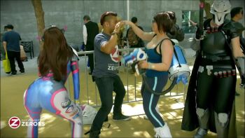 Rule 34 | animated, ass, ass shake, belt, bodysuit, cosplay, d.va (overwatch), glasses, gun, mask, mei (overwatch), multiple boys, multiple girls, overwatch, pants, people, real life, reaper (overwatch), tagme, tank top, track pants, twerking, video, weapon