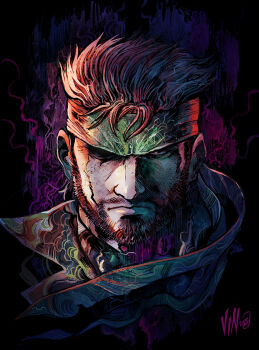 1boy artist_name bandana beard big_boss brown_hair dark_background facial_hair facing_viewer headband injury konami male_focus metal_gear_(series) metal_gear_solid metal_gear_solid_3:_snake_eater missing_eye mullet naked_snake portrait scarf serious short_hair signature solo vinartwork