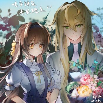 1boy 1girl blonde_hair brown_hair button chinese_text collared_shirt flower frills gloves green_eyes honkai:_star_rail honkai_(series) luocha_(honkai:_star_rail) overalls ribbon shirt signature spoon sushang_(honkai:_star_rail) twintails