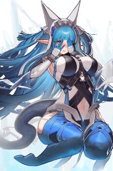 Rule 34 | 1girl, absurdres, arknights, arknights: endfield, between breasts, black tail, blue hair, blue pantyhose, blush, breasts, bright pupils, clothing cutout, commentary request, covering one eye, diamond-shaped pupils, diamond (shape), embarrassed, floating, floating hair, full body, highres, hip vent, large breasts, last rite (arknights), long hair, looking at viewer, navel, nose blush, one eye covered, pantyhose, pointy ears, purple eyes, sanzuitaroh, solo, strap, strap between breasts, symbol-shaped pupils, tail, very long hair, white background, white pupils, yellow eyes