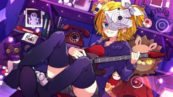 Rule 34 | 1girl, antique phone, blonde hair, blue eyes, boots, commentary request, drawstring, electric guitar, full body, grey shorts, grin, guitar, hair ornament, hair ribbon, hairclip, highres, holding, holding guitar, holding instrument, hood, hood down, hoodie, instrument, kagamine rin, kaho 0102, long sleeves, looking at viewer, one side up, parallel hairclips, phone, purple boots, purple hoodie, ribbon, rotary phone, short hair, shorts, sitting, smile, solo, stuffed animal, stuffed cat, stuffed lion, stuffed toy, thigh boots, vocaloid, white ribbon