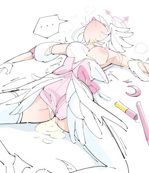 ... aftersex araara_do blue_archive broken_staff choker commentary_request cum cum_in_pussy cumdrip defeat detached_sleeves dress feathers gloves halo head_wings heavy_breathing highres hip_ribbon long_hair low_wings lying magical_girl on_back one_breast_out open_clothes pink_choker pink_dress puffy_nipples ribbon saliva single_head_wing spasm spoken_ellipsis spread_legs suzumi_(blue_archive) suzumi_(magical)_(blue_archive) thighhighs tongue tongue_out torn_clothes white_background white_gloves white_hair white_thighhighs wings