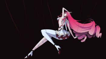 1girl absurdres backless_outfit baobhan_sith_(fate) breasts camellya_(wuthering_waves) camellya_(wuthering_waves)_(cosplay) commentary cosplay earrings english_commentary fate/grand_order fate_(series) from_side high_heels highres jewelry large_breasts long_hair looking_at_viewer pleated_skirt red_hair skirt solo string tyreseldraws very_long_hair white_skirt