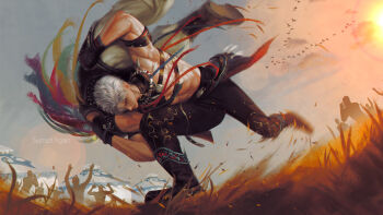 Rule 34 | 2boys, abs, biceps, black footwear, black pants, crowd, full body, grass, highres, love and deepspace, mongolian clothes, multiple boys, muscular, muscular male, outdoors, pants, red eyes, sun, sunlight, sunsetagain, sylus (love and deepspace), throwing, throwing person, veins, veiny arms, white hair, wrestling, yurt