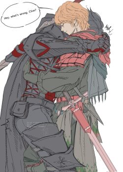 2boys armor armored_boots armored_gloves black_armor black_cloak black_gloves black_hair black_shirt blonde_hair boots brothers clive_rosfield cloak closed_eyes cohihikari english_text final_fantasy final_fantasy_xvi gloves hair_between_eyes highres hug joshua_rosfield light_smile male_focus multiple_boys neckerchief red_neckerchief red_vest shirt short_hair siblings sword vest weapon white_background