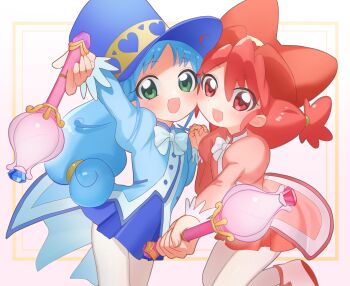 Rule 34 | 2girls, :d, ahoge, arm up, blue coat, blue hair, blue hat, blue skirt, blush, boots, bow, bowtie, buttons, coat, commentary, cowboy shot, curly hair, curtained hair, dot nose, fine (futagohime), fingernails, flower wand, fushigiboshi no futago hime, green eyes, hair between eyes, hat, highres, holding, holding hands, holding wand, interlocked fingers, leg up, long hair, long sleeves, looking at viewer, low-tied long hair, low twintails, miniskirt, multiple girls, open mouth, overcoat, pantyhose, pink boots, pink coat, pleated skirt, puffy long sleeves, puffy sleeves, red eyes, red hair, red hat, red skirt, rein (futagohime), siblings, side-by-side, simple background, sisters, skirt, smile, top hat, twins, twintails, wand, white background, white bow, white bowtie, white pantyhose, yuzutaroman