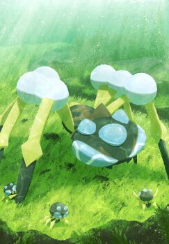 algae araquanid blue_eyes bubble bug caustics dewpider evolutionary_line ewokakukaede gen_7_pokemon highres light_rays light_reflection_(water) moss nintendo no_humans plant pokemon pokemon_(creature) pokemon_focus refraction rock seafloor shadow spider underwater water