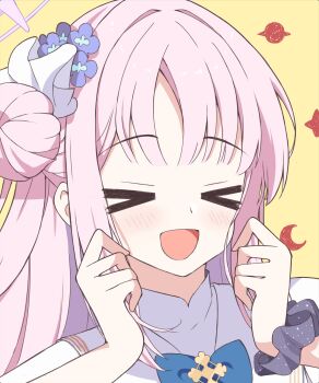 &gt;_&lt; 1girl :d blue_archive blue_bow blue_bowtie blunt_bangs blush bow bowtie capelet clenched_hands commentary_request facing_viewer flower hair_bun hair_flower hair_intakes hair_ornament halo happy highres holy-san_(makuu) long_hair mika_(blue_archive) open_mouth pink_hair pink_halo portrait purple_flower sidelocks simple_background single_side_bun smile solo white_capelet xd yellow_background