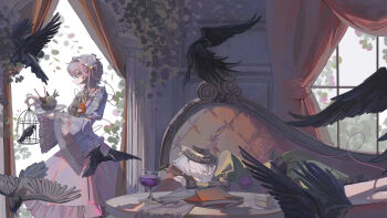 Rule 34 | 2girls, absurdres, alcohol, bird, birdcage, black hat, blouse, blue hairband, blue shirt, book, book stack, bow, bowl, cage, cake, cake slice, cherry, chinese commentary, column, commentary request, couch, crow, cup, curtains, cushion, drinking glass, food, frilled hairband, frilled skirt, frilled sleeves, frills, fruit, green hair, green skirt, hair ornament, hairband, hat, hat ribbon, heart, heart hair ornament, heart of string, highres, holding, holding cage, holding plate, ice cream, indoors, juliet sleeves, komeiji koishi, komeiji satori, lace trim, leaf, long sleeves, multiple girls, on couch, parted lips, partial commentary, pillar, pink bow, pink eyes, pink hair, pink skirt, plant, plate, profile, puffy sleeves, red eyes, ribbon, shirt, short hair, siblings, sideways glance, sisters, skirt, table, third eye, touhou, wide sleeves, wine, wine glass, yan tang 2333, yellow ribbon, yellow shirt