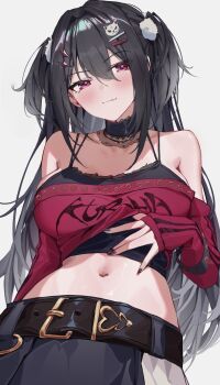 1girl absurdres bare_shoulders belt belt_buckle black_belt black_choker black_hair black_nails black_tank_top blush breasts buckle choker closed_mouth commentary commission cowboy_shot double-parted_bangs english_commentary fingernails hair_between_eyes hair_ornament hairclip highres large_breasts long_hair long_sleeves looking_at_viewer multicolored_nails nail_polish navel original parallel_hairclips red_eyes red_nails red_shirt shirt simple_background smile solo stomach tank_top two_side_up white_background yoellim5