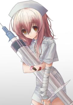 1girl alternate_costume bandaged_arm bandages bandaid bandaid_on_arm buttons commentary cowboy_shot double-breasted dress empty_eyes expressionless hat highres holding holding_syringe hugging_object kimi_to_kanojo_to_kanojo_no_koi. large_syringe mukou_aoi_(totono) nurse nurse_cap orange_eyes oversized_object pink_hair short_dress short_sleeves simple_background solo symbol-only_commentary syringe tako3000 white_background white_dress