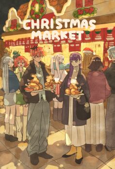 Rule 34 | 4boys, 6+girls, bag, bag charm, beard, black bag, black coat, black hair, black jacket, black roots, black shoes, blonde hair, blue coat, braid, brown hair, character charm, charm (object), christmas, christmas market, christmas wreath, closed mouth, coat, collared shirt, crown braid, cup, dress, dwarf, earrings, ehre (sousou no frieren), eisen (sousou no frieren), elf, facial hair, fern (sousou no frieren), food, frieren, full body, green hair, grey hair, grey pants, half updo, handbag, hat, heiter, highres, holding, holding cup, holding food, jacket, jewelry, kanne (sousou no frieren), land (sousou no frieren), lawine (sousou no frieren), long dress, long hair, multiple boys, multiple girls, open mouth, pants, pink hair, pointy ears, purple coat, purple hair, red hair, santa hat, shirt, shoes, short hair, short twintails, side ponytail, smile, socks, sousou no frieren, stark (sousou no frieren), steaming food, takeuchi ryousuke, twintails, ubel (sousou no frieren), white coat, white dress, white socks, wirbel (sousou no frieren), wreath