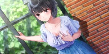 1girl black_hair blue_reflection_(series) blue_reflection_sun blue_skirt blush breasts brick_wall brown_eyes bush cleavage closed_mouth collarbone day dutch_angle fence floral_print floral_print_skirt game_cg glint hand_on_own_chest highres iron_fence jewelry kishida_mel large_breasts lens_flare looking_at_viewer non-web_source official_art outdoors print_skirt purple_shirt ring shirai_hinako shirt short_hair skirt smile solo