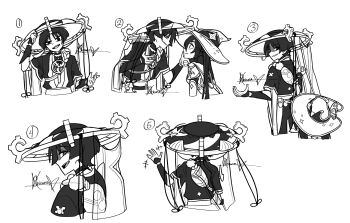 +++ 1boy 1girl arm_at_side armor bag bags_under_eyes blunt_ends bow cape choppy_bangs clenched_hand cropped_torso detached_sleeves fur-trimmed_cape fur_trim furisode genshin_impact greyscale hand_on_another's_chin hand_up hat hat_bow hat_ornament highres japanese_armor japanese_clothes jewelry jingasa kimono kote layered_sleeves leotard long_hair looking_at_another looking_at_viewer looking_back mandarin_collar mitsudomoe_(shape) mona_(genshin_impact) monochrome neck_ring numbered open_hand open_hands open_mouth oriana0w0 outstretched_arms pom_pom_(clothes) rope sash scaramouche_(genshin_impact) see-through_clothes see-through_veil sequential shaded_face shimenawa short_sleeves sidelocks sideways_mouth signature spread_arms star_(symbol) star_hat_ornament teeth tomoe_(symbol) twintails uneven_eyes upper_teeth_only veil waving_hands white_background witch_hat