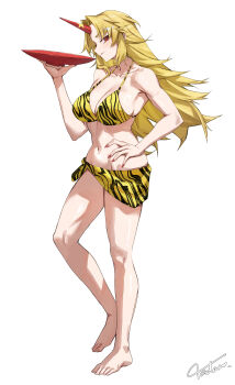 1girl absurdres alternate_costume animal_print barefoot bikini blonde_hair breasts cleavage closed_mouth commentary_request cup full_body highres horns hoshiguma_yuugi large_breasts long_hair looking_at_viewer navel oni red_eyes red_horns red_nails sakazuki signature simple_background single_horn solo stomach swimsuit tadano1129 tiger_print toes touhou very_long_hair white_background yellow_bikini