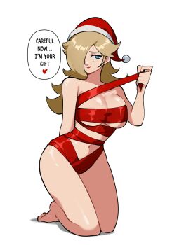 1girl alternate_breast_size_(larger) arm_behind_back blonde_hair blue_eyes blue_hat breasts cleavage commentary english_commentary hair_over_one_eye hat highres holding holding_ribbon large_breasts long_hair mario_(series) midriff nintendo red_ribbon ribbon rosalina santa_hat selvish94 smile solo super_mario_galaxy thighs underboob