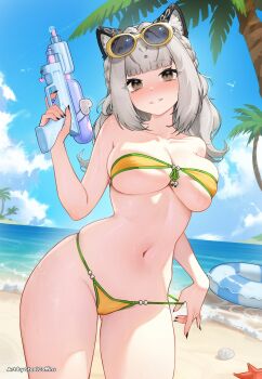 1girl animal_ears beach bikini blue_sky blunt_bangs blush braid breasts brown_eyes collarbone commentary commission cowboy_shot day english_commentary frilled_innertube frills grey_hair hand_up highres holding holding_water_gun indie_virtual_youtuber innertube large_breasts long_hair looking_at_viewer micro_bikini momochan_(vtuber) navel outdoors palm_tree parted_lips second-party_source sky smile solo stealcoffins stomach swim_ring swimsuit tree virtual_youtuber water_gun ych_commission yellow_bikini