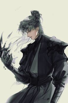 1boy absurdres armor black_eyes black_hair black_robe commentary cowboy_shot curtained_hair english_commentary hair_bun hand_up highres logicsterrr looking_at_hand magic male_focus parted_lips robe rope_belt shadow_slave shoulder_armor smoke solo sunny_(shadow_slave)