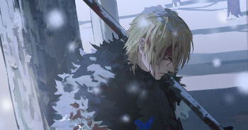 1boy against_tree armor black_armor black_fur blonde_hair blood blood_on_face bloody_weapon breastplate cha_(fvaw7353) closed_eyes closed_mouth commentary dimitri_alexandre_blaiddyd dimitri_alexandre_blaiddyd_(timeskip) eyelashes fire_emblem fire_emblem:_three_houses hair_behind_ear highres holding holding_polearm holding_weapon injury male_focus medium_hair nintendo parted_bangs polearm profile snow snowing tree weapon white_fur