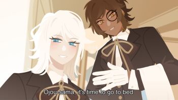 2girls blue_eyes brown_eyes brown_hair brown_jacket brown_ribbon butler collared_shirt commentary english_commentary english_text faust_(project_moon) female_butler good_night_ojosama_(asmrz) jacket lapels limbus_company long_sleeves monocle multiple_girls neck_ribbon notched_lapels outis_(project_moon) parted_lips project_moon projecttiger ribbon shirt short_hair smile white_hair white_shirt wuthering_heights_(identity)_(project_moon)