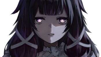 1girl blunt_bangs columbina_(genshin_impact) commentary dress genshin_impact hair_ribbon highres long_hair looking_at_viewer purple_hair ribbon sidelocks solo user_ugmh7853 white_dress