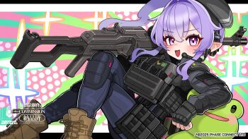 Rule 34 | 1girl, :d, absurdres, beret, black gloves, blue pants, boots, brown boots, commentary, commission, crossed legs, ear protection, eepy sleepy, fingerless gloves, gloves, grey hat, grey jacket, gun, hair between eyes, hair intakes, hat, headset, highres, iwasawayuki, jacket, lace-up boots, letterboxed, long hair, long sleeves, looking at viewer, machine gun, open mouth, pants, phase connect, pkp pecheneg, pointy ears, purple eyes, purple hair, smile, solo, virtual youtuber, watermark, weapon