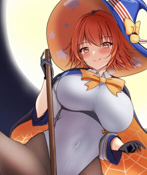 1girl black_cape black_gloves black_pantyhose blue_hat boots bow breasts broom broom_riding brown_eyes brown_hair cape full_moon gloves grey_leotard halloween_costume hat highleg highleg_leotard highres jack-o&#039;-lantern_print kantai_collection large_breasts leotard looking_at_viewer montemasa moon night orange_bow orange_cape pantyhose richard_p._leary_(halloween)_(kancolle) richard_p._leary_(kancolle) short_hair sleeved_leotard two-sided_fabric witch_hat