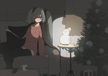 1girl arm_support beckoning black_pantyhose blanket blurry box cellphone christmas_ornaments christmas_tree couch cup curtains depth_of_field gift gift_box green_eyes green_hair hair_between_eyes hatsune_miku indoors pantyhose_under_shorts long_hair long_sleeves looking_at_viewer mug outstretched_arm pantyhose phone plug red_sweater shorts sitting sleeves_past_wrists snowman solo stage_lights suzukou sweater table twintails under_covers very_long_hair vocaloid wooden_table
