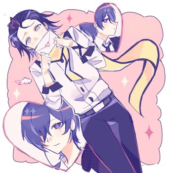 Rule 34 | 2boys, arms up, belt, belt buckle, black hair, black jacket, black pants, black trim, blue hair, blush, buckle, collared shirt, commentary, covering own mouth, english commentary, gekkoukan high school uniform, grey eyes, hair slicked back, heart, heart-shaped pupils, highres, holding, holding letter, jacket, letter, love letter, male focus, mochizuki ryouji, multiple boys, necktie, pants, parted bangs, persona, persona 3, ry0160, scarf, school uniform, shirt, short hair, sleeve cuffs, sparkle, symbol-shaped pupils, white background, white shirt, wing collar, yaoi, yellow scarf, yuuki makoto (persona 3)
