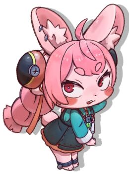 1girl absurdres ahoge animal_ear_fluff animal_ears aqua_shirt barefoot black_dress body_fur braid chibi dress furry furry_female highres long_hair looking_at_viewer pepper_gecko72 pink_fur pink_hair rabbit_ears rabbit_girl rabbit_tail red_eyes shirt short_eyebrows smile solo tail twin_braids very_long_hair white_background zenless_zone_zero zhao_(zenless_zone_zero)