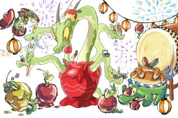 Rule 34 | alternate color, apple, bright pupils, candy apple, chocolate-covered food, chocolate banana, colored sclera, colored skin, corn, corn cob, cotton candy, drum, evolutionary line, fireworks, flapple, flying, food, fried squid, fruit, gen 8 pokemon, green skin, hachimaki, headband, holding, holding food, holding fruit, horns, hot dog, hydra, hydrapple, hyottoko mask, instrument, lantern, long neck, looking down, looking up, mask, mouth hold, multiple heads, nejiri hachimaki, nintendo, no humans, other focus, oversized food, oversized object, paper lantern, pokemon, pokemon (creature), red eyes, riotono 0643, shiny and normal, shiny pokemon, single horn, sleeping, stalk eyes, stretched neck, taiko drum, tail, wyrm, yellow eyes, yellow sclera, zzz