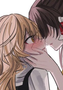 2girls black_hair black_vest blonde_hair blush embarrassed hair_between_eyes hair_tubes hakurei_reimu hand_on_another&#039;s_face imminent_kiss kirisame_marisa long_hair multiple_girls parted_lips puru_18h shirt simple_background touhou turtleneck turtleneck_shirt vest white_background white_shirt yellow_eyes yuri