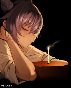 1girl abscord absurdres black_background blowing_candle cake candle closed_eyes closed_mouth collared_shirt commentary cone_hair_bun double_bun english_commentary fire food genshin_impact hair_bun highres keqing_(genshin_impact) purple_hair shirt simple_background sleeves_rolled_up smoke solo white_shirt