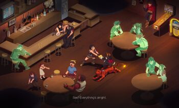5girls 6+boys absurdres aerith_gainsborough against_wall bar_(place) barret_wallace biggs_(ff7) cait_sith_(final_fantasy) cid_highwind cloud_strife dark-skinned_male dark_skin denzel_(ff7) dyne_(ff7) final_fantasy final_fantasy_vii final_fantasy_vii_advent_children gabbiepicasso goggles goggles_on_head highres jessie_rasberry laughing marlene_wallace multiple_boys multiple_girls pinball red_xiii sitting spiked_hair table tifa_lockhart vincent_valentine wedge_(ff7) yuffie_kisaragi zack_fair