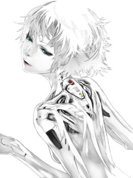 10s 1girl android aqua_eyes beatless breasts female_focus greyscale jitome lips looking_back machine monochrome parted_lips partially_colored redjuice see-through_clothes small_breasts solo spot_color white_background white_hair white_theme