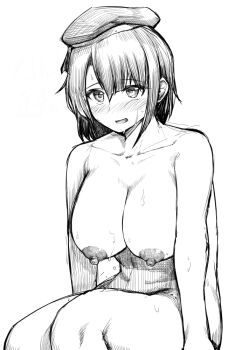 1girl beret blush breasts commentary_request completely_nude cowboy_shot greyscale hat kantai_collection large_breasts looking_at_viewer monochrome nipples nude open_mouth sadahiro_(chicken_nugget_gyuuniku_aji) short_hair simple_background sitting solo takao_(kancolle)