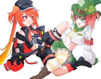 2girls absurdres ahoge belly boots breasts clover coin commission enya_ignis full_body fuyo_cloverfield green_eyes hair_ornament hairclip hat highres chromashift leenvidia long_hair long_sleeves looking_at_another multiple_girls navel open_mouth orange_hair pants pink_hair pointy_ears red_eyes shoes short_hair shorts sitting skirt sleeves_past_fingers sleeves_past_wrists small_breasts socks spread_legs striped_clothes striped_thighhighs thighhighs transparent_background tribadism tribadism_through_clothes twintails virtual_youtuber yuri